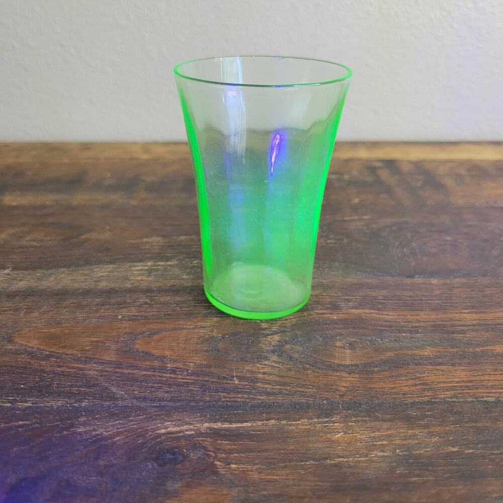 Mid Century Vintage Green Uranium Glass Small 3 Inch Tumbler Cup Glows UV